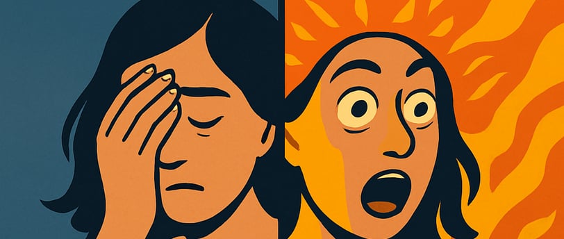 a woman with a man who is covering his face with his hands