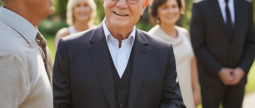 a man in a suit and tie smiling at a funeral