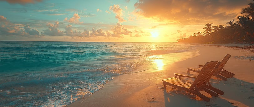 "Plage caribéenne déserte au lever du jour, symbole de calme et de renouveau entre deux saisons touristiques."