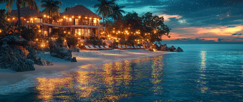Visuel haut de gamme d’un hôtel boutique caribéen en bord de mer au coucher du soleil, architecture élégante et végétation tr