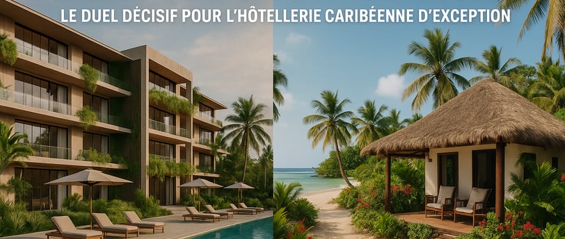 Comparaison visuelle d’un hôtel durable à gauche et d’un hôtel authentique à droite, illustrant le duel entre durabilité et a