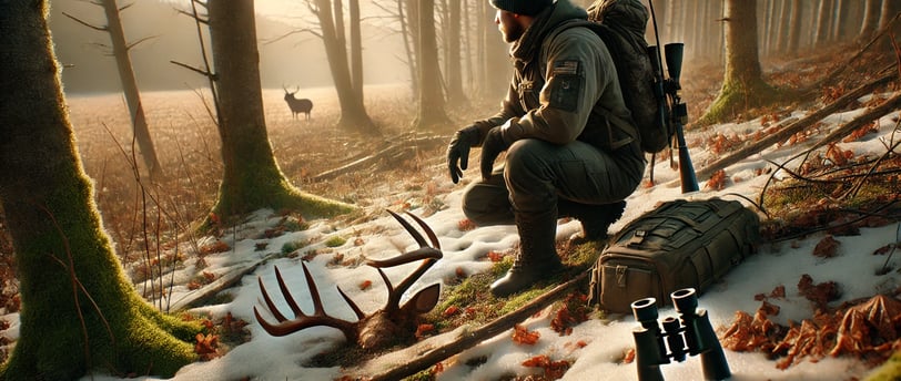 a man with a backpack and a deer in the woods