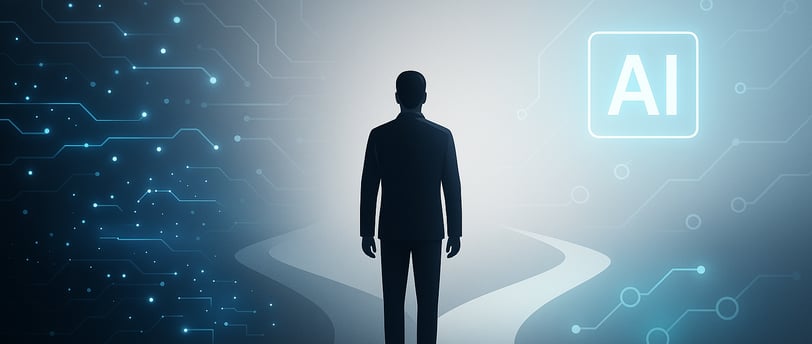 Silhouette of a man walking on a path toward an AI icon, symbolizing business transformation through artificial intelligence.