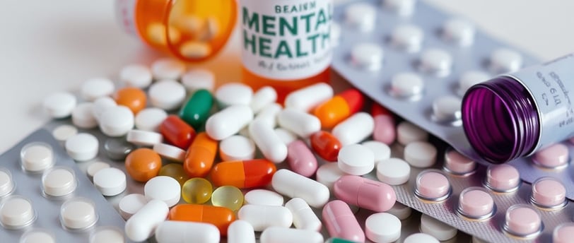 "Various types of mental health medications on a table, representing different treatment options."