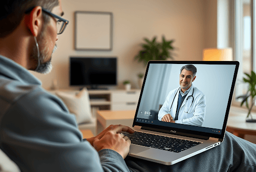"Telepsychiatry session with a psychiatrist and patient connecting online."
