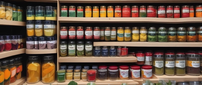 A man is packaging goods in a shop filled with shelves of various spices and herbs stored in jars and bags. The shelves are neatly organized, displaying an array of colorful containers. The man appears to be focused on his task, standing behind a counter with a digital scale.