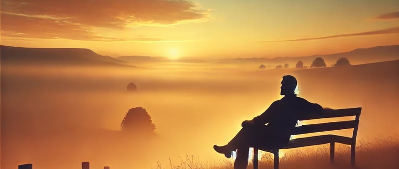 a man sitting on a bench in the foggy day