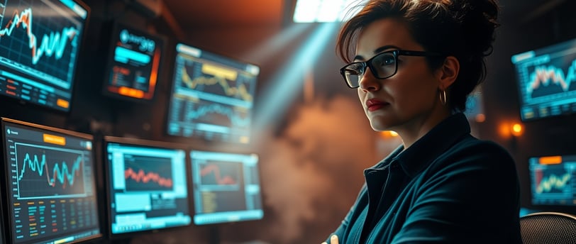Professional woman sitting in front of multiple screens looking at data.