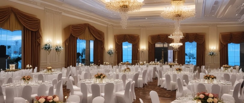 a large room with tables and chairs and a chandelier