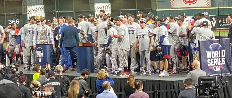 Atlanta Braves players on stage after defeating the Houston Astros on November 2, 2021.