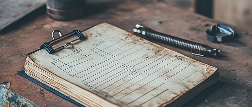 Pad of paper with pen on beat up desk