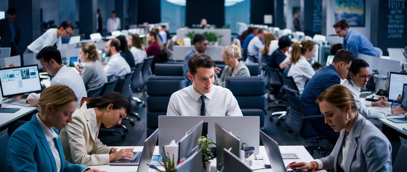a group of people sitting at desks in a busy office showing efficiency 