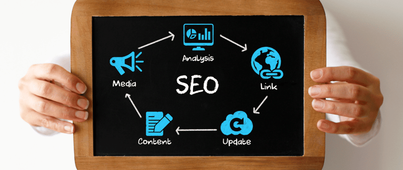 a person holding a chalkboard with a diagram of a seo search