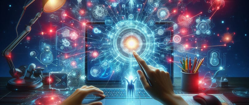 an explosion of technology coming from a computer laptop on a desk