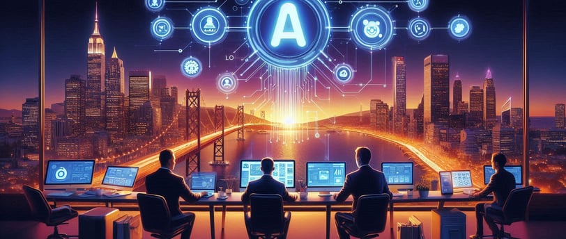 users at a table with computers looking out over an AI city skyline and river