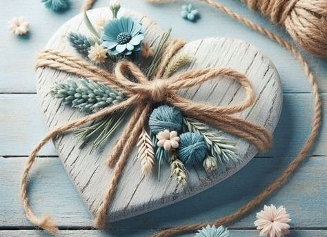 Cœur en bois entouré d'un nœud en corde beige des pelotes bleu son posé dessus et des brins de blé