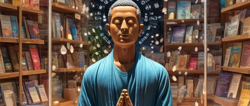 Ilustração simbólica de uma figura humana meditando dentro de uma vitrine de loja,.