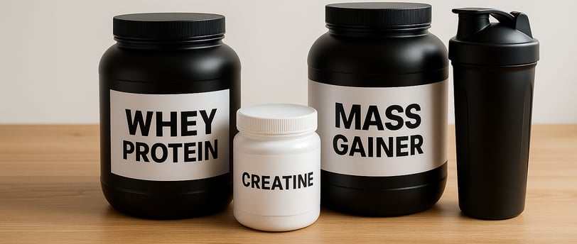 Whey Protein, Creatina e Hipercalórico.