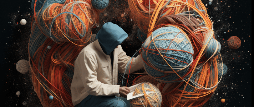 a man sitting on a ball of yarn