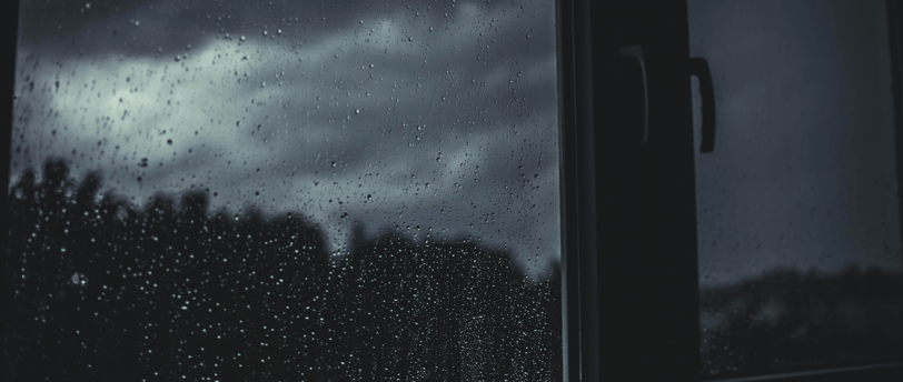 View of dark storm clouds through a window during a summer thunderstorm