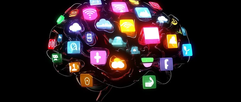 a sphere of various colored lights and icons on a black background