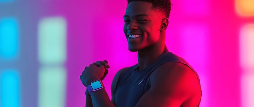 a man in a blue tank top and a watch on his wrist