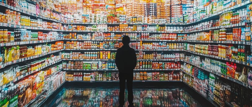 a person standing in a store with a lot of food and drinks