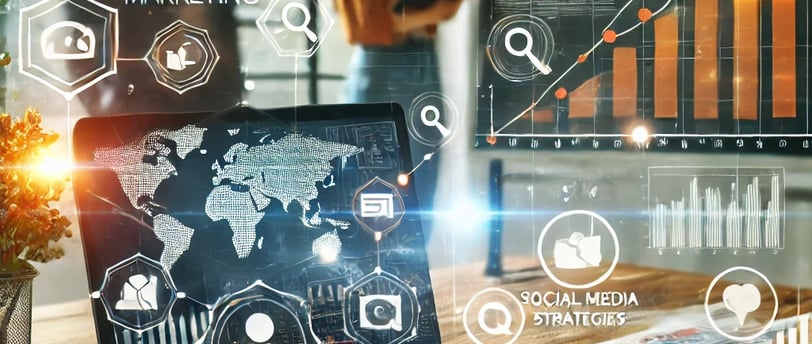 A modern digital marketing workspace with a laptop displaying analytics, social media icons floating