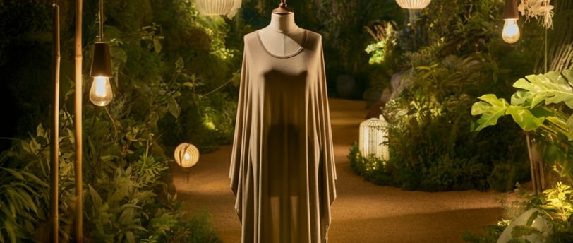a dress form in a garden with hanging lanterns