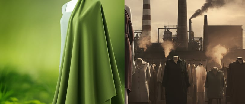a mannequine of a woman in a green fabric next to an industrial polluted background