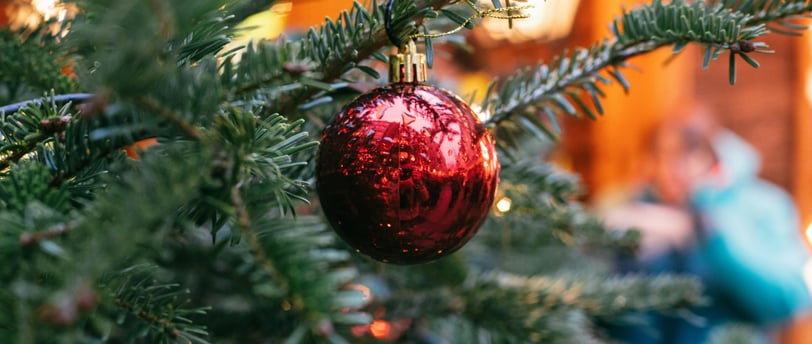 a christmas tree with a red ornament ball ornament