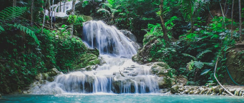 a waterfall in the middle of a jungle