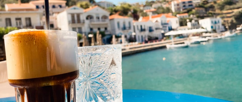 ChatGPT Iced coffee at the port of Evdilos, Ikaria, Greece