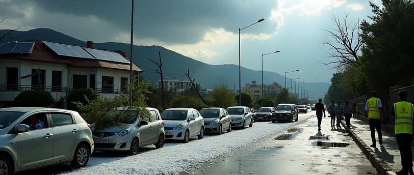 a man walking down a street with cars parked on the side of the road