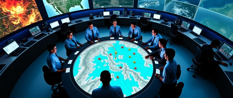 a group of people sitting around a table with a map of the world