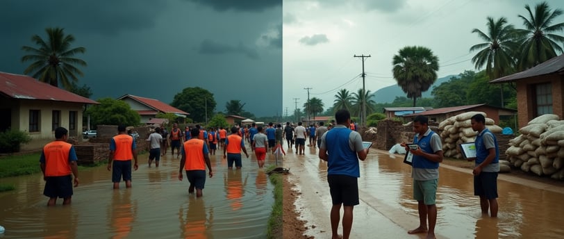a group of people walking down a flooded street