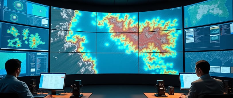 a man sitting at a desk with multiple monitors and a map of the world