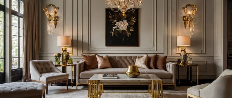 Luxurious living room with brass accents in lighting, sconces, coffee table, and vase.