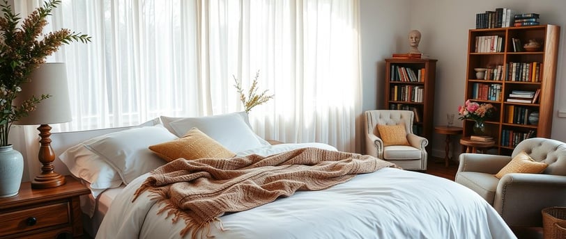 Cozy spring bedroom with white bedding, warm throw blanket, wooden nightstand, and natural light through sheer curtains, feat
