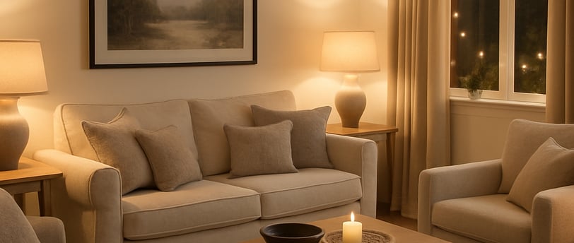 Modern cozy living room with neutral beige and cream tones, soft textured pillows, warm ambient lighting, wooden coffee table