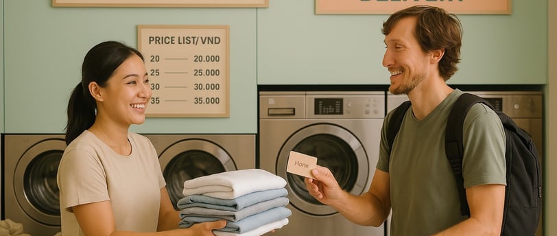 Laundromat staff hands folded laundry to tourist in pastel shop.