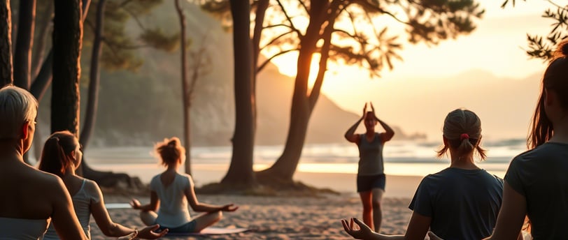 pessoas mediatando sentadas na areaia da praiia debaixo de árvores