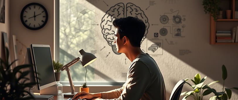 young man looking at pc screen while sunlight comes in through window