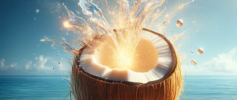 a coconut fruit in a coconut shell on the beach