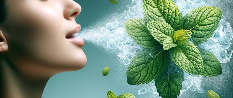 a woman blowing out of a mint green leafy minty mint
