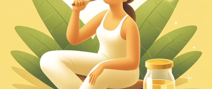 a woman sitting on a bench with a jar of coconut oil