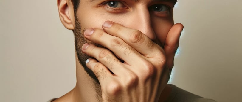 a man with a beard and a beard, holding his hands to his face