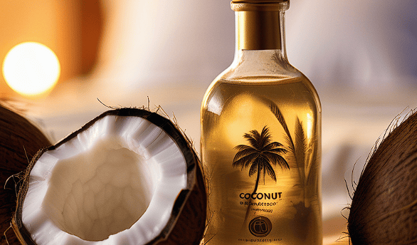 a bottle of coconut oil with a coconut tree in the background