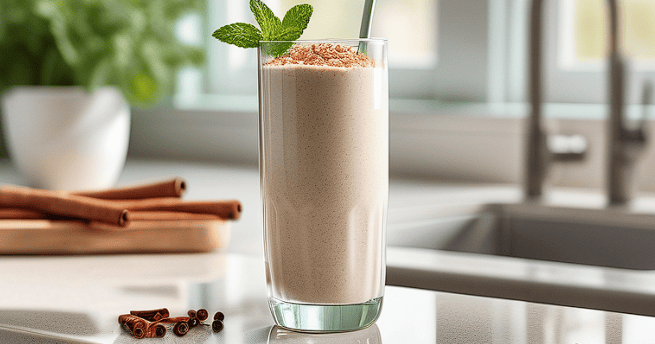 Creamy oatmeal drink in a clear glass with cinnamon on top, on a kitchen counter with fitness gadget