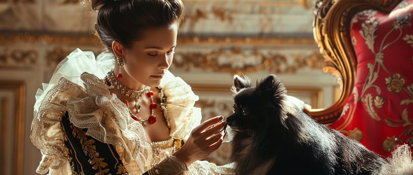 Young Queen Victoria looking at a black Pomeranian while petting the beautiful small dog